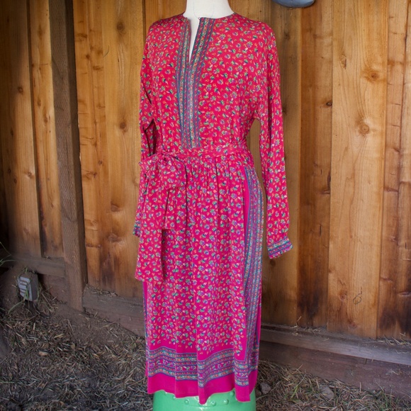 Vintage I. Magnin 100% Silk Fuchsia Long Sleeve Floral Boho Midi Dress Size L - Picture 9 of 17